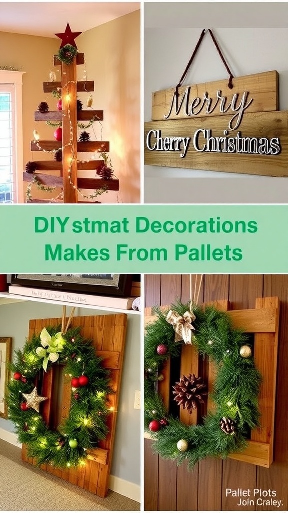 DIY Christmas decorations from pallets including a tree, sign, and wreath in a festive setting.